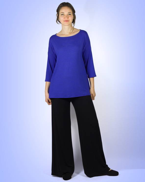 Blusa azul con rayas finas y manga francesa.