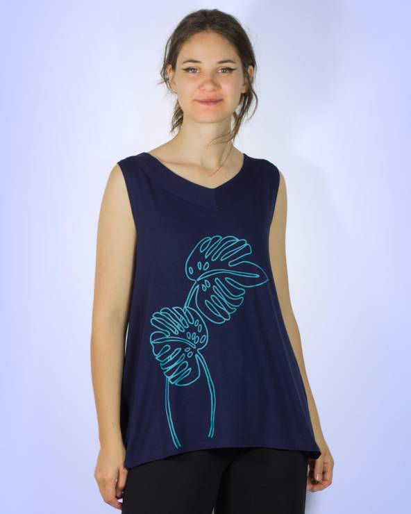 Blusa sin mangas azul marino estampada en serigrafia con unas hojas de costilla de Adán